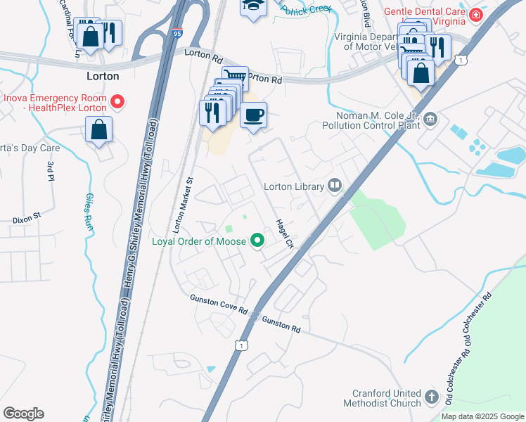 map of restaurants, bars, coffee shops, grocery stores, and more near 9507 Daniel French Street in Lorton