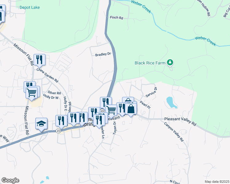 map of restaurants, bars, coffee shops, grocery stores, and more near 4093 California 49 in Diamond Springs