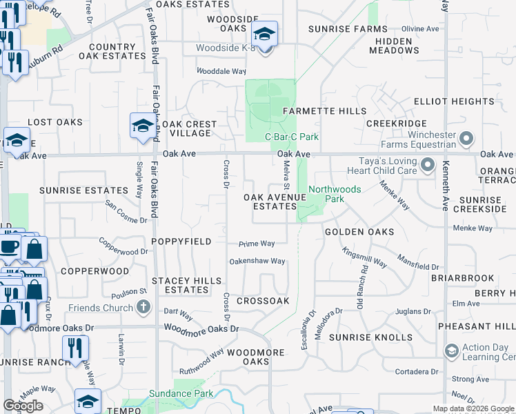 map of restaurants, bars, coffee shops, grocery stores, and more near 7236 Mandarin Circle in Citrus Heights
