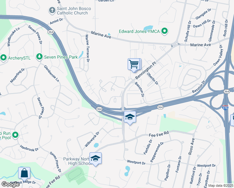 map of restaurants, bars, coffee shops, grocery stores, and more near 2037 Chablis Drive in St. Louis