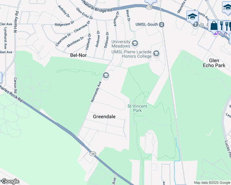 map of restaurants, bars, coffee shops, grocery stores, and more near 2766 Normandy Avenue in St. Louis