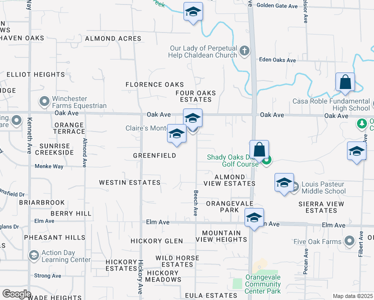 map of restaurants, bars, coffee shops, grocery stores, and more near 7229 Beech Avenue in Orangevale