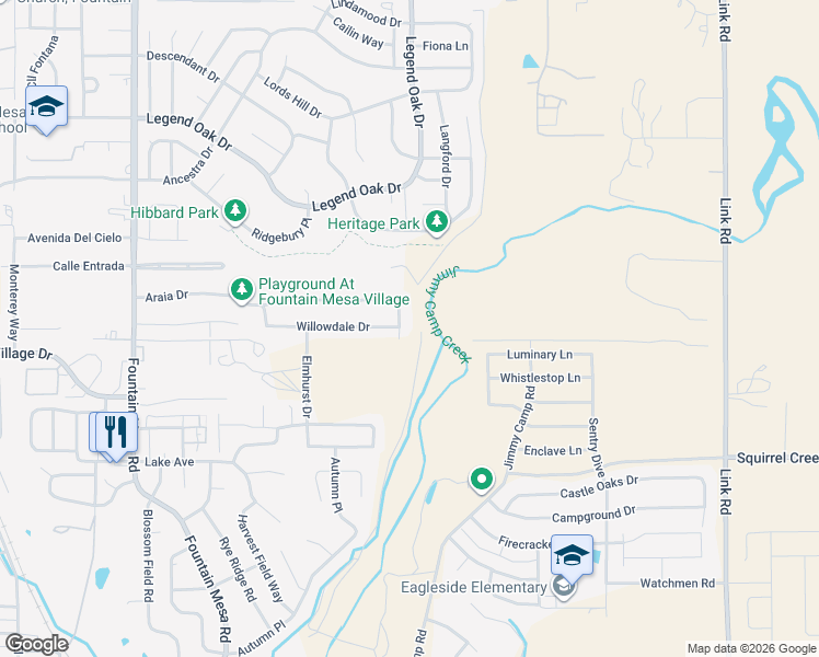 map of restaurants, bars, coffee shops, grocery stores, and more near 7519 Araia Drive in Fountain