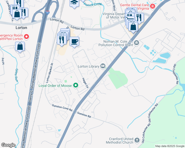 map of restaurants, bars, coffee shops, grocery stores, and more near 9552 Hagel Circle in Lorton
