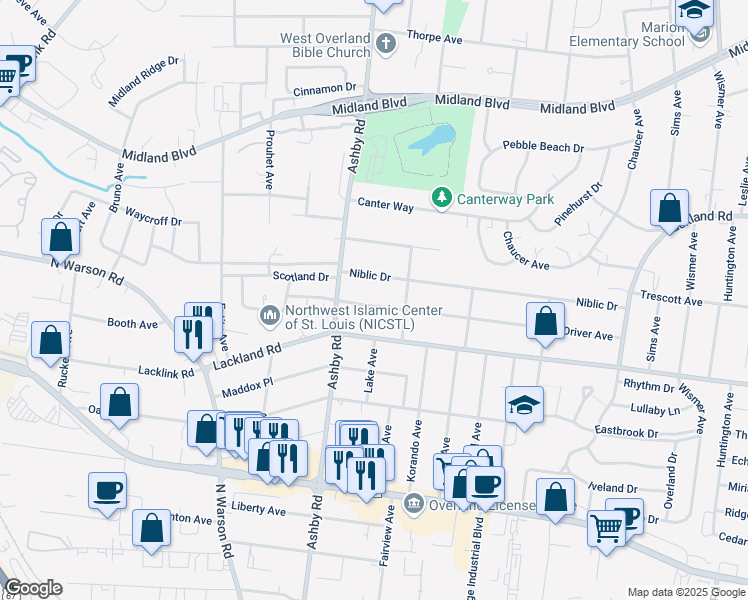 map of restaurants, bars, coffee shops, grocery stores, and more near 10418 Niblic Drive in Overland