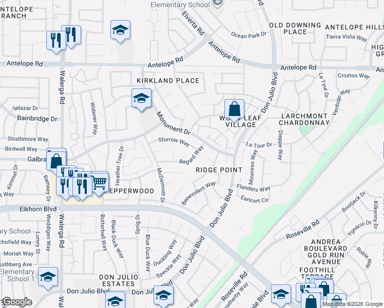 map of restaurants, bars, coffee shops, grocery stores, and more near 7229 Regard Way in Sacramento