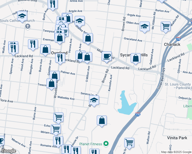 map of restaurants, bars, coffee shops, grocery stores, and more near 8909 Shawnee Lane in Overland
