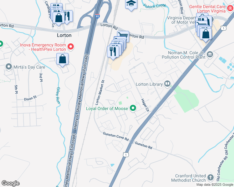 map of restaurants, bars, coffee shops, grocery stores, and more near 8015 Horseshoe Cottage Circle in Lorton