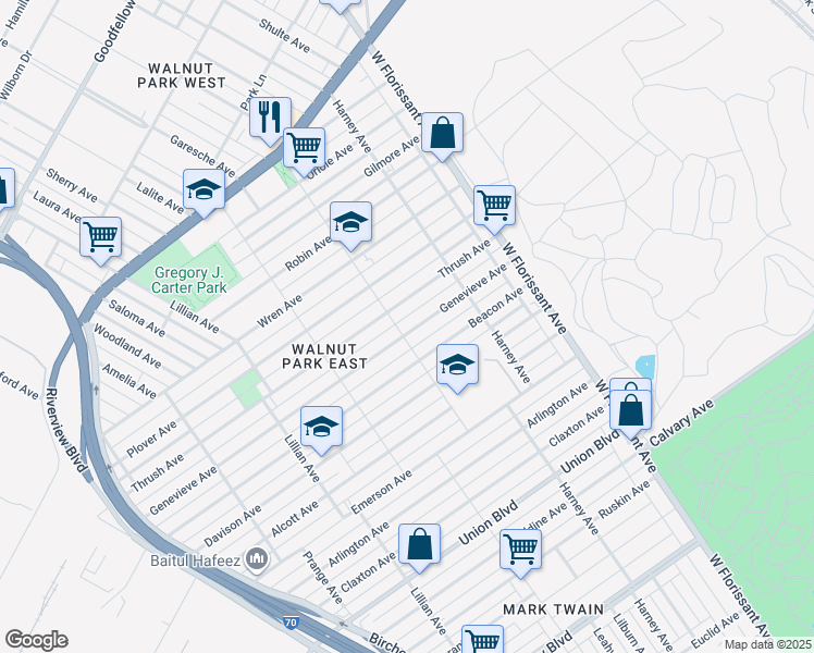map of restaurants, bars, coffee shops, grocery stores, and more near 5421 Genevieve Avenue in St. Louis