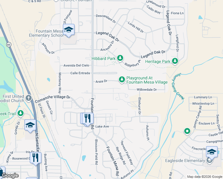 map of restaurants, bars, coffee shops, grocery stores, and more near 7258 Moss Bluff Court in Fountain