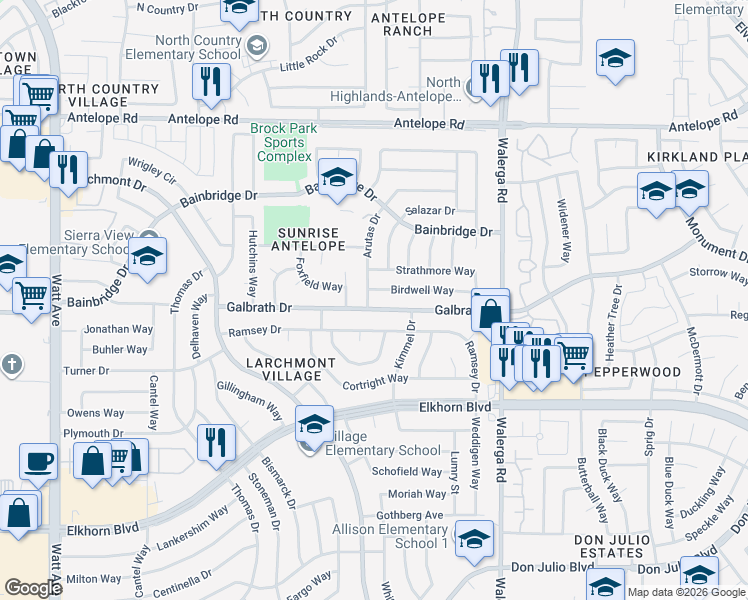 map of restaurants, bars, coffee shops, grocery stores, and more near 7160 Arutas Drive in North Highlands