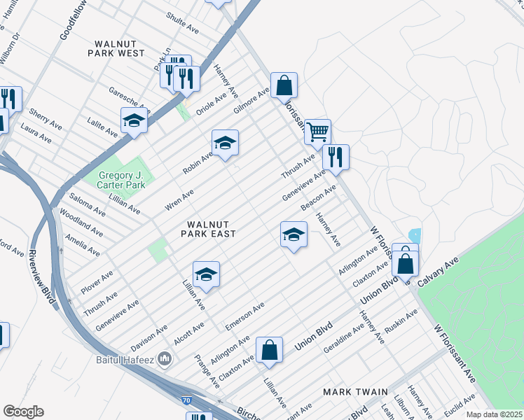 map of restaurants, bars, coffee shops, grocery stores, and more near 5421 Genevieve Avenue in St. Louis