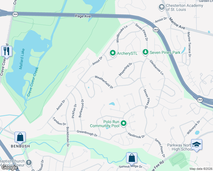 map of restaurants, bars, coffee shops, grocery stores, and more near 13045 Weatherfield Drive in St. Louis