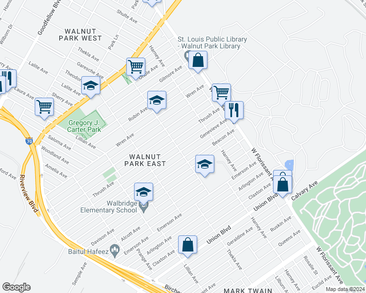 map of restaurants, bars, coffee shops, grocery stores, and more near 5409 Genevieve Avenue in St. Louis