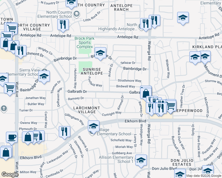 map of restaurants, bars, coffee shops, grocery stores, and more near 7160 Arutas Drive in North Highlands