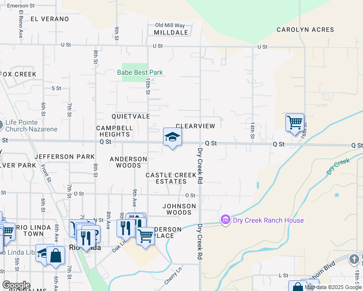 map of restaurants, bars, coffee shops, grocery stores, and more near 1040 Q Street in Rio Linda