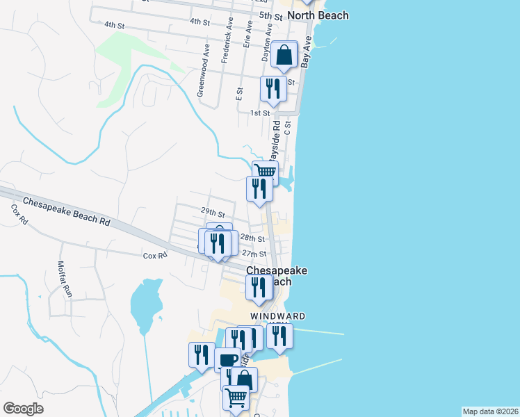 map of restaurants, bars, coffee shops, grocery stores, and more near 8426 Bayside Road in Chesapeake Beach