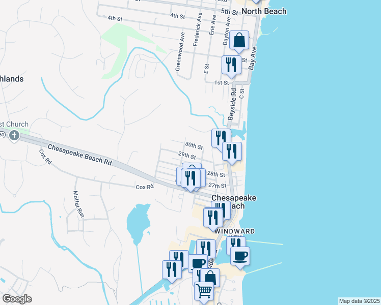 map of restaurants, bars, coffee shops, grocery stores, and more near 3706 29th Street in Chesapeake Beach