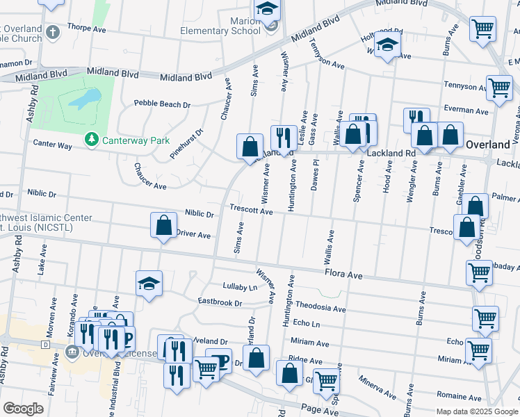 map of restaurants, bars, coffee shops, grocery stores, and more near 2301 Wismer Avenue in Overland