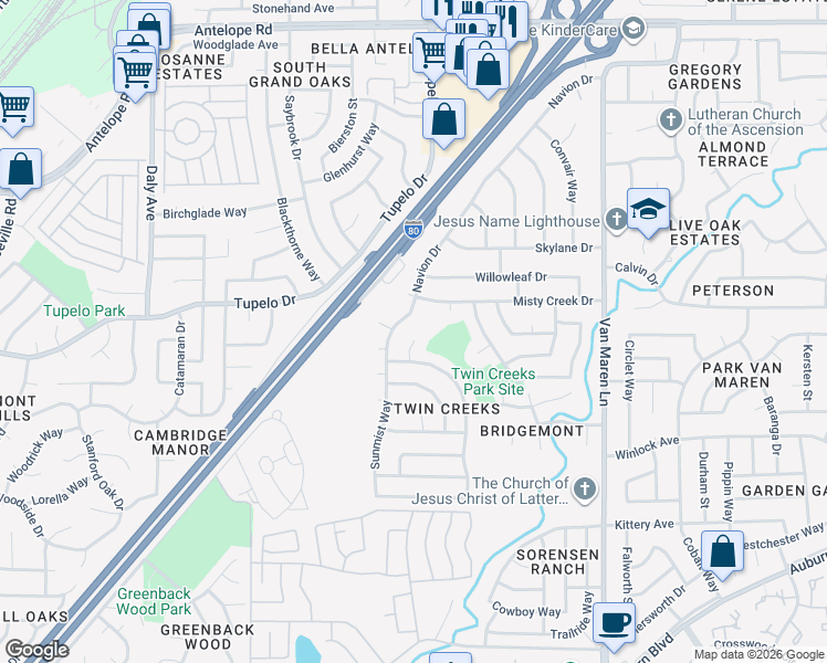 map of restaurants, bars, coffee shops, grocery stores, and more near 6512 Misty Creek Drive in Citrus Heights