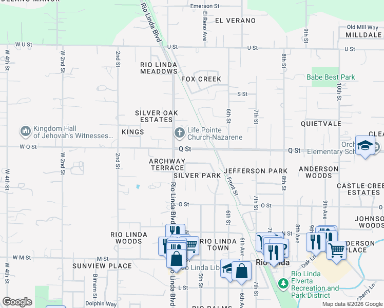 map of restaurants, bars, coffee shops, grocery stores, and more near 437 Q Street in Rio Linda
