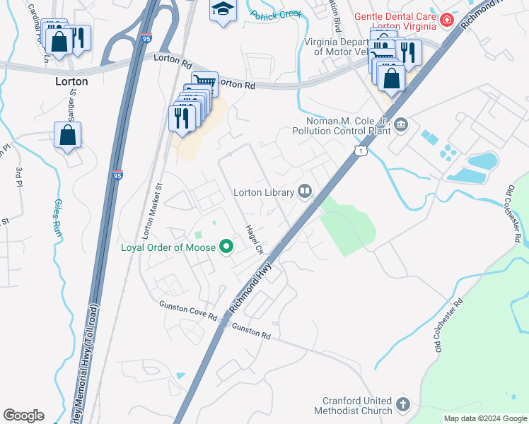 map of restaurants, bars, coffee shops, grocery stores, and more near 9571 Hagel Circle in Lorton