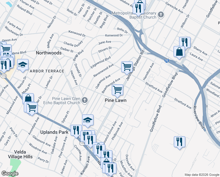 map of restaurants, bars, coffee shops, grocery stores, and more near 4235 Beachwood Avenue in St. Louis