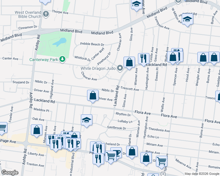 map of restaurants, bars, coffee shops, grocery stores, and more near 2215 Lackland Road in Overland