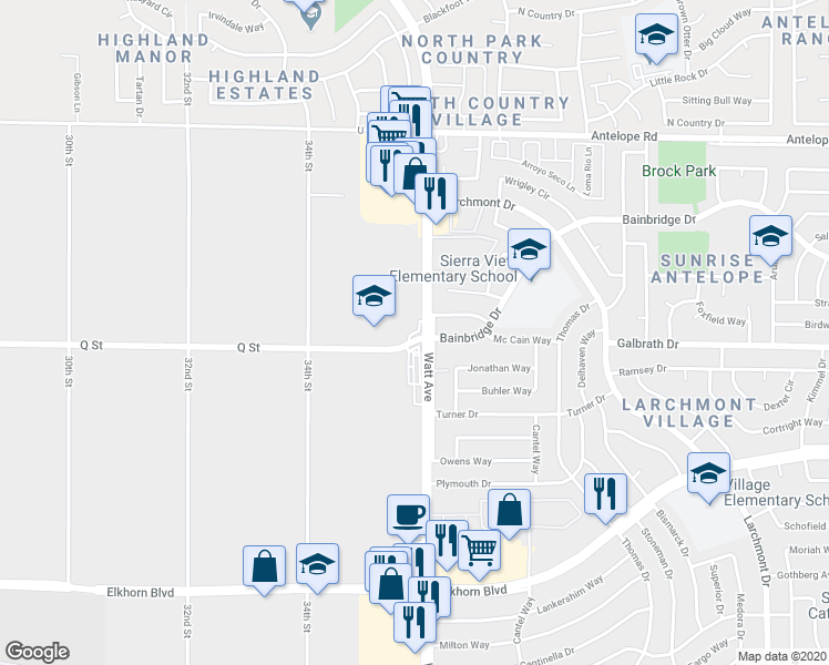 map of restaurants, bars, coffee shops, grocery stores, and more near 7215 Watt Avenue in North Highlands