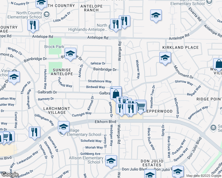 map of restaurants, bars, coffee shops, grocery stores, and more near 4189 Birdwell Way in North Highlands
