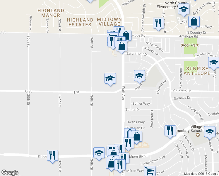 map of restaurants, bars, coffee shops, grocery stores, and more near 3501 Q St in North Highlands