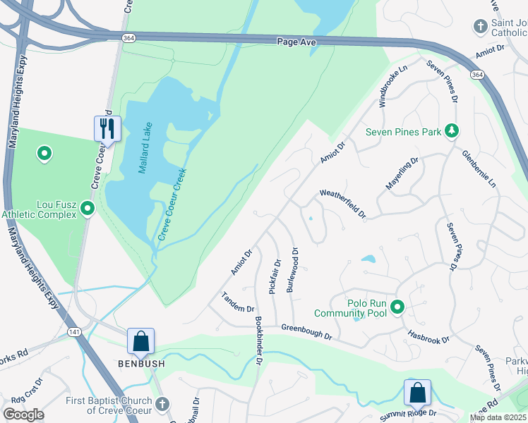 map of restaurants, bars, coffee shops, grocery stores, and more near 2006 Burlewood Drive in St. Louis