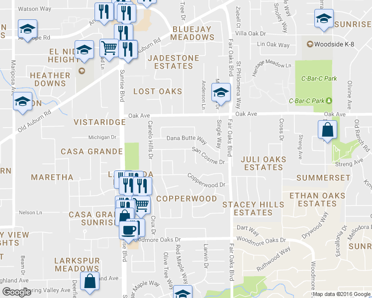 map of restaurants, bars, coffee shops, grocery stores, and more near 8011 San Cosme Drive in Citrus Heights