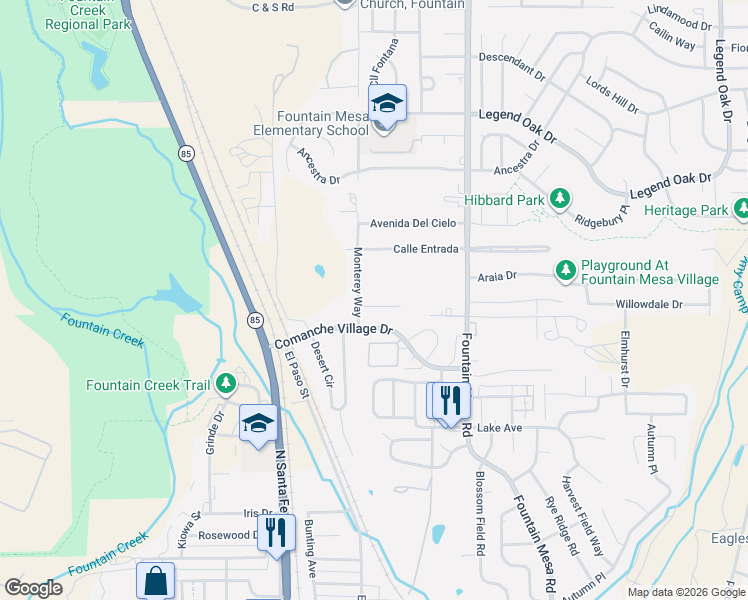map of restaurants, bars, coffee shops, grocery stores, and more near 1525 Monterey Way in Fountain