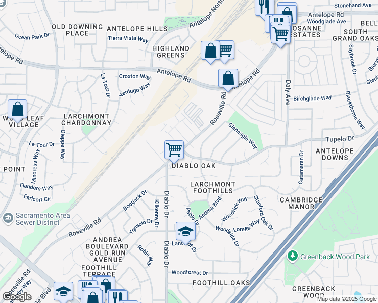 map of restaurants, bars, coffee shops, grocery stores, and more near 5535 Tupelo Drive in Sacramento