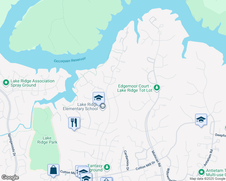 map of restaurants, bars, coffee shops, grocery stores, and more near 3444 Flint Tavern Place in Woodbridge