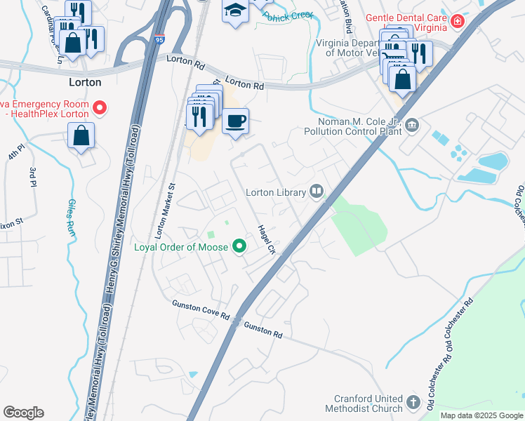 map of restaurants, bars, coffee shops, grocery stores, and more near 9826 Hagel Circle in Lorton