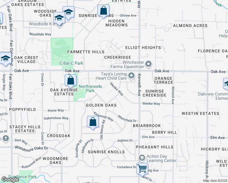 map of restaurants, bars, coffee shops, grocery stores, and more near 8375 Carrick Court in Citrus Heights