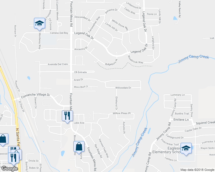 map of restaurants, bars, coffee shops, grocery stores, and more near 9225 Red Fern Lane in Fountain