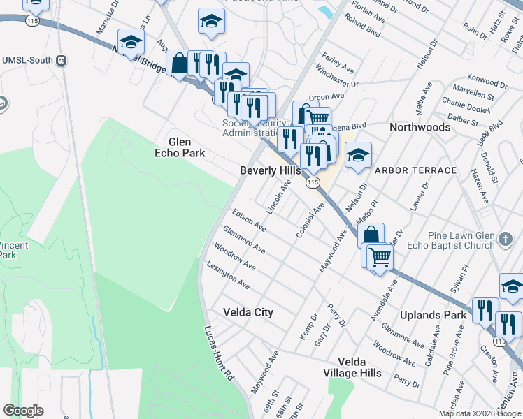 map of restaurants, bars, coffee shops, grocery stores, and more near 7106 Greenway Avenue in St. Louis