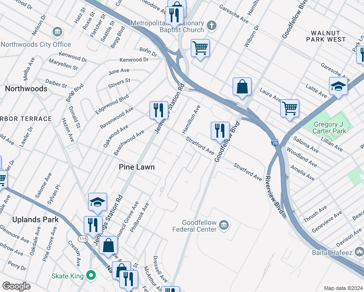 map of restaurants, bars, coffee shops, grocery stores, and more near 4355 Peyton Lane in St. Louis