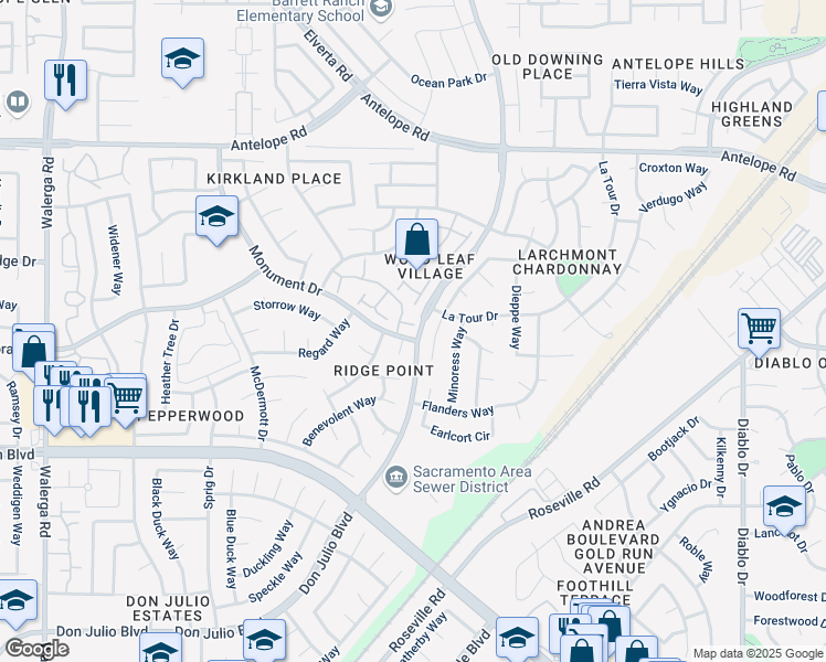 map of restaurants, bars, coffee shops, grocery stores, and more near 4930 Dover Lane in Sacramento