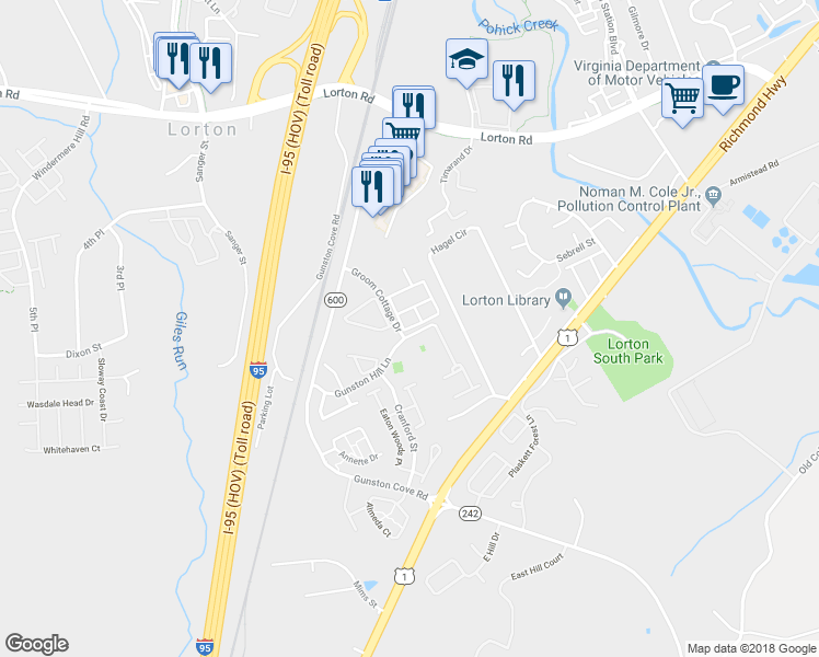 map of restaurants, bars, coffee shops, grocery stores, and more near 8503 Samuel Wallis Street in Lorton