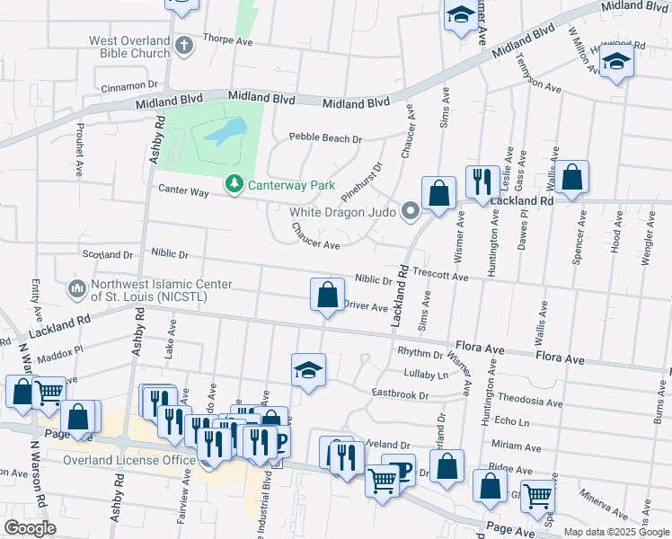 map of restaurants, bars, coffee shops, grocery stores, and more near 10205 Niblic Drive in Overland