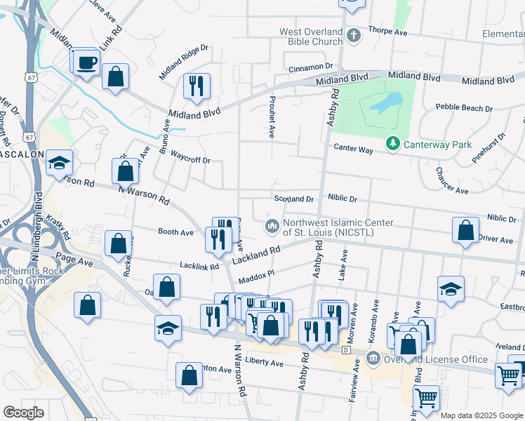 map of restaurants, bars, coffee shops, grocery stores, and more near 10614 Scotland Drive in St. Louis