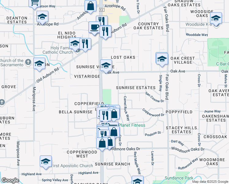 map of restaurants, bars, coffee shops, grocery stores, and more near 7241 Canelo Hills Drive in Citrus Heights