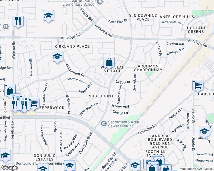 map of restaurants, bars, coffee shops, grocery stores, and more near 4930 Dover Lane in Sacramento