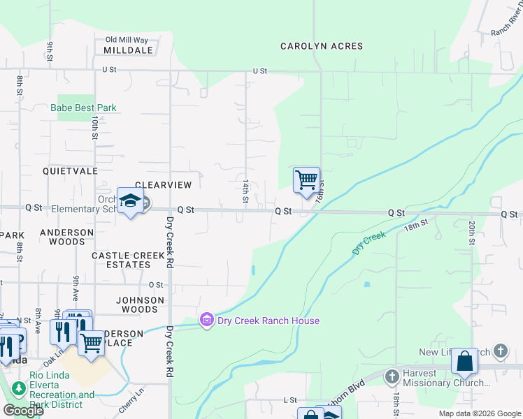 map of restaurants, bars, coffee shops, grocery stores, and more near 1449 Q Street in Rio Linda