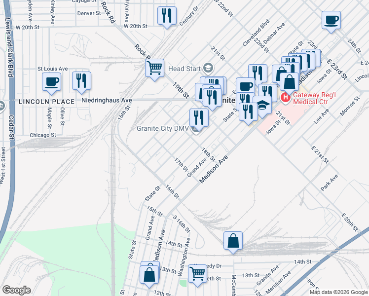 map of restaurants, bars, coffee shops, grocery stores, and more near 1727 Edison Avenue in Granite City