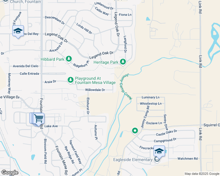map of restaurants, bars, coffee shops, grocery stores, and more near 7519 Araia Drive in Fountain